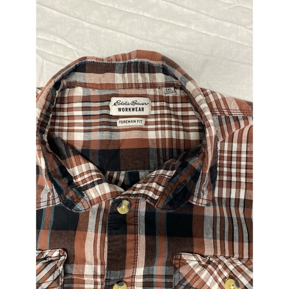 Eddie Bauer Workwear Foreman Fit 2XL Plaid Short Sleeve Shirt Brown Distressed - Picture 4 of 12